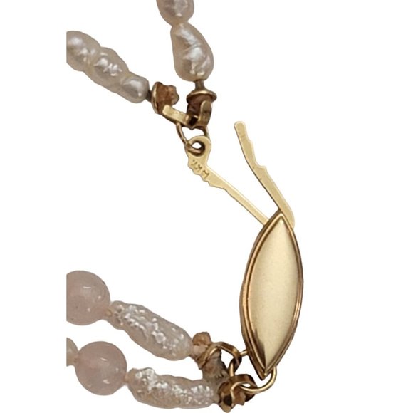 14K Yellow Gold Rose Quart, Rice Pearl Double Strand Necklace, 17" Long K794 - Picture 5 of 8